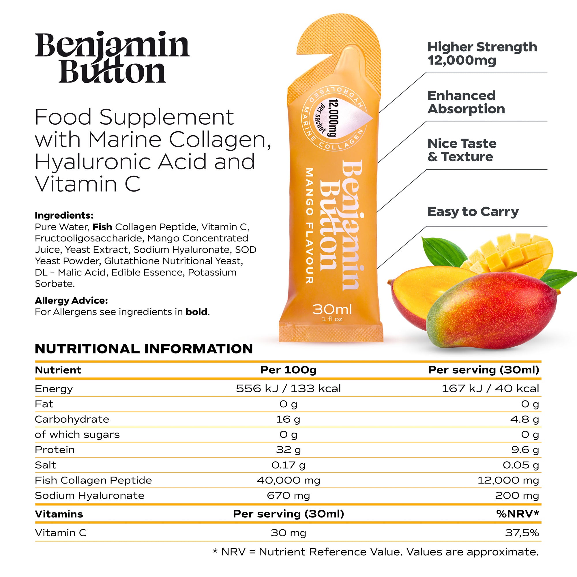 Marine Collagen Liquid Sachets – 12,000mg – Mango